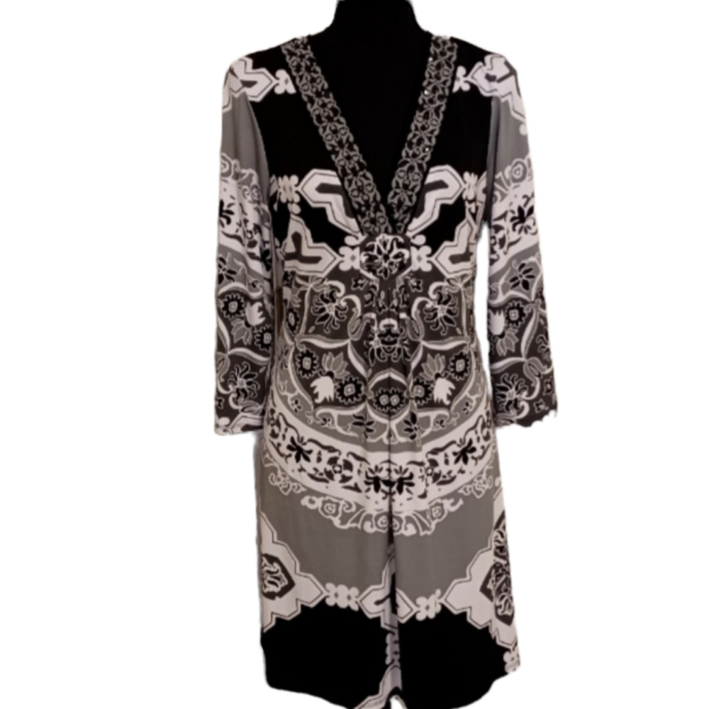 Hale Bob Dress with Beaded V-Neck Women's Sz Medium Black Gray White Print